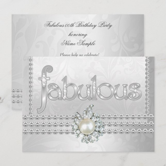 Fabulous Birthday Party Silver White Diamond Pearl Invitation (Front/Back)