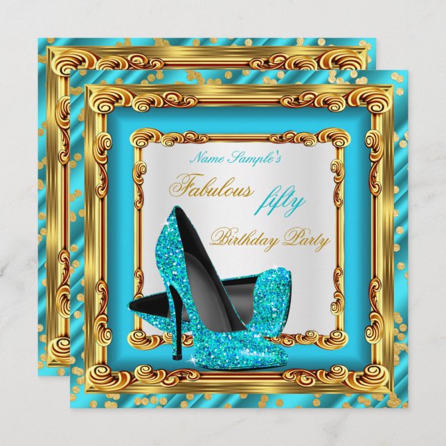 Fabulous Birthday Party Teal Blue Gold High Heels Invitation (Front/Back)