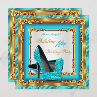 Fabulous Birthday Party Teal Blue Gold High Heels Invitation