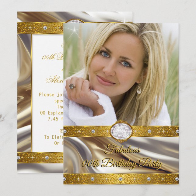 Fabulous Birthday Photo Diamonds Gold Silver Invitation (Front/Back)