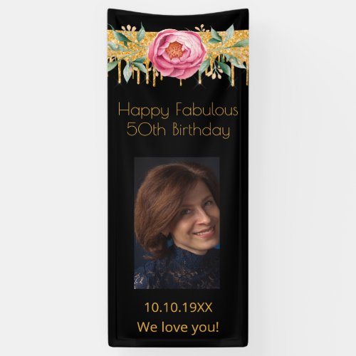 Fabulous birthday photo glitter black gold flowers banner