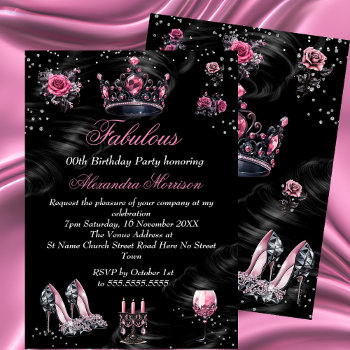 Fabulous Birthday Pink Silver Black Tiara Heels Invitation by Zizzago at Zazzle