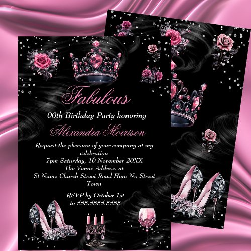 Fabulous birthday Pink Silver Black Tiara Heels Invitation