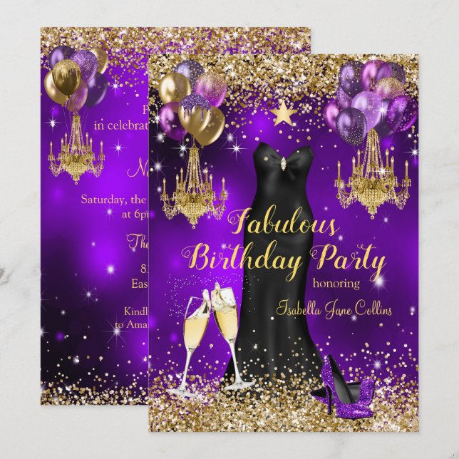 Fabulous Birthday Purple Celebration Star Invitation (Front/Back)