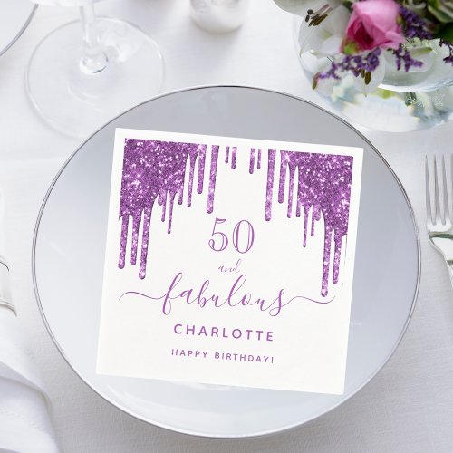 Fabulous birthday purple glitter drips white napkins