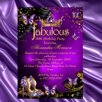 Fabulous Birthday Purple Gold Black Butterfly Invitation by Zizzago at Zazzle