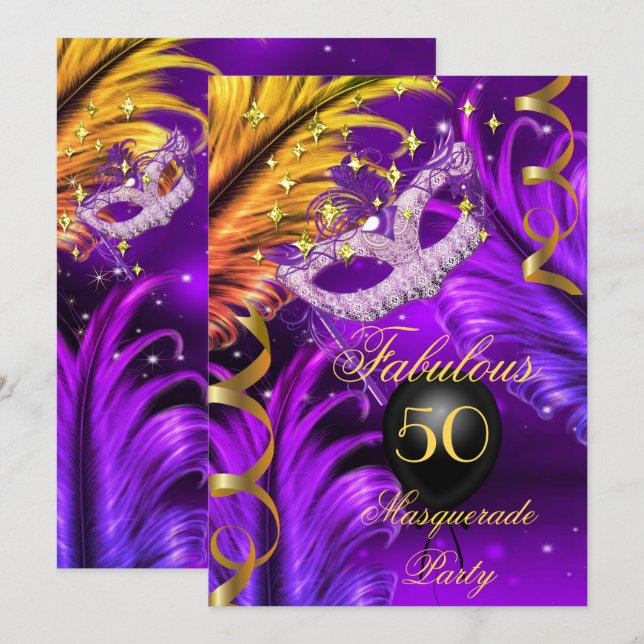 Fabulous Birthday Purple Masquerade mask gold Invitation (Front/Back)