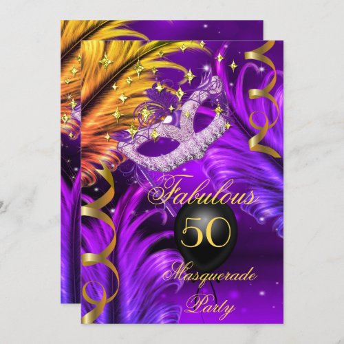 Fabulous Birthday Purple Masquerade mask gold Invitation