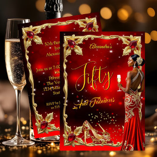 Fabulous Birthday Red Dress Gold High Heels Ethnic Invitation