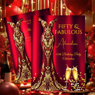 Fabulous Birthday Red Gems Gold Dress Champagne Invitation