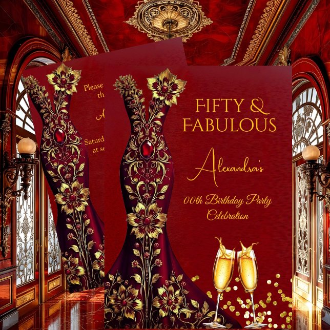Fabulous Birthday Red Gems Gold Dress Champagne Invitation (Creator Uploaded)