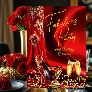 Fabulous Birthday Red Gold Heels Champagne Invitation