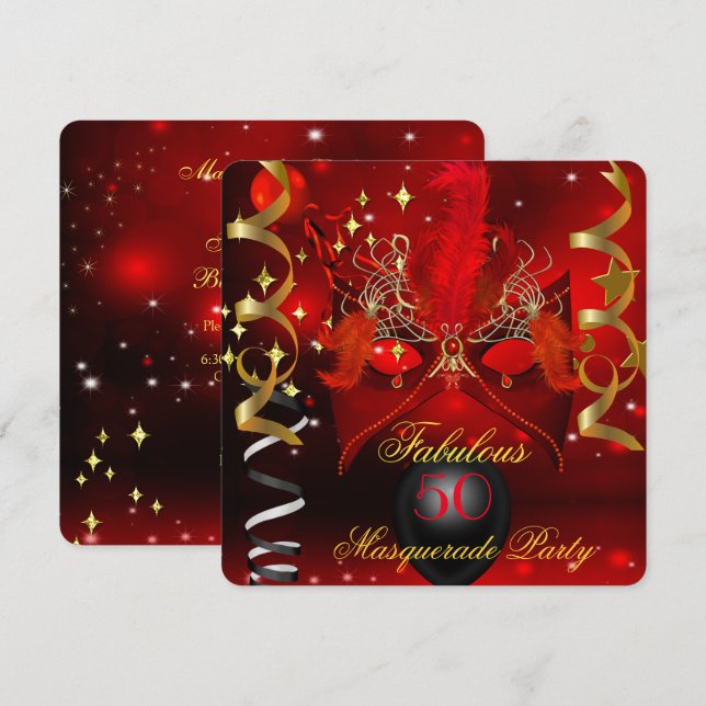 Fabulous Birthday Red Gold Masquerade Party Invitation (Front/Back)