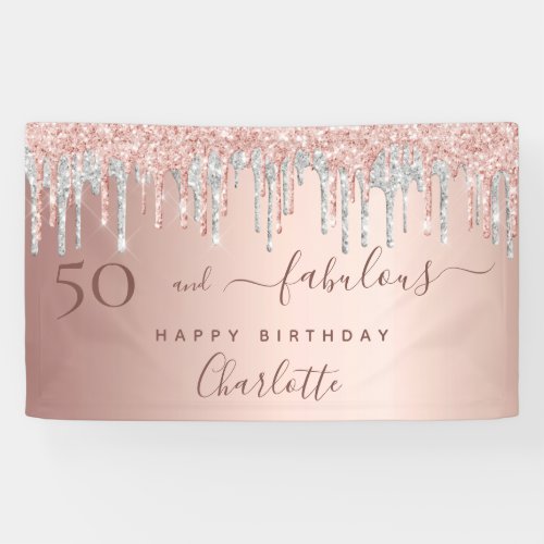 Fabulous birthday rose gold glitter pink silver banner