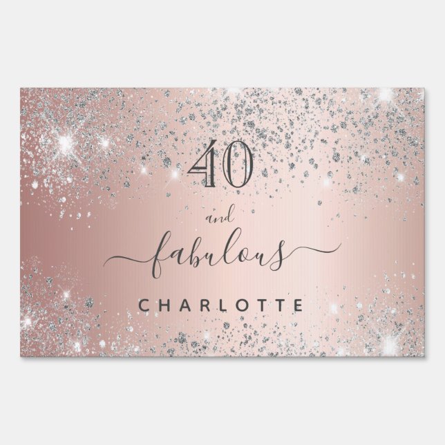 Fabulous birthday rose gold silver glitter name sign (Front)