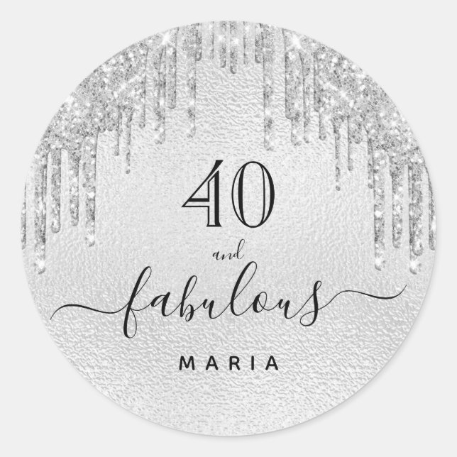 Fabulous birthday silver glitter classic round sticker (Front)