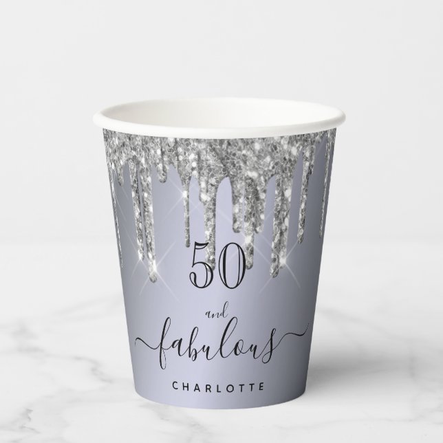 Fabulous birthday silver glitter name paper cups (Front)