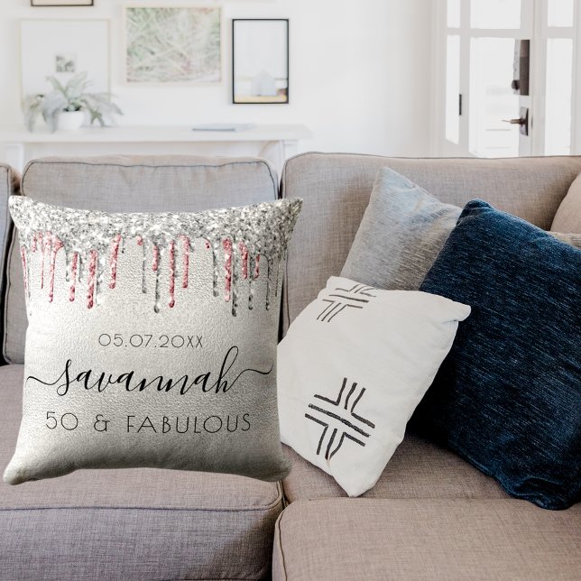 Fabulous birthday silver pink glitter drips name throw pillow (Creator Uploaded)