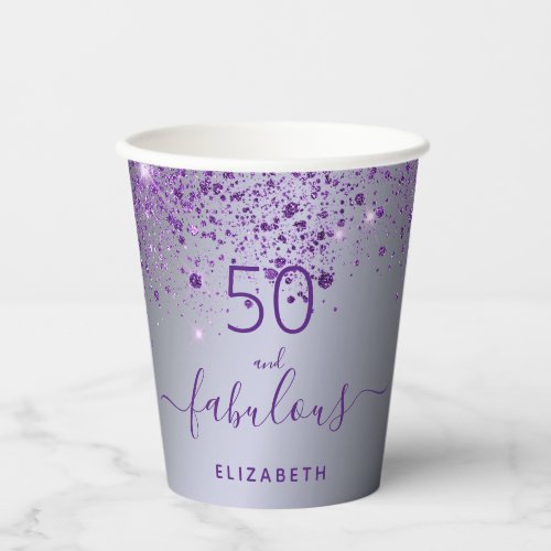 Fabulous birthday silver purple glitter monogram  paper cups
