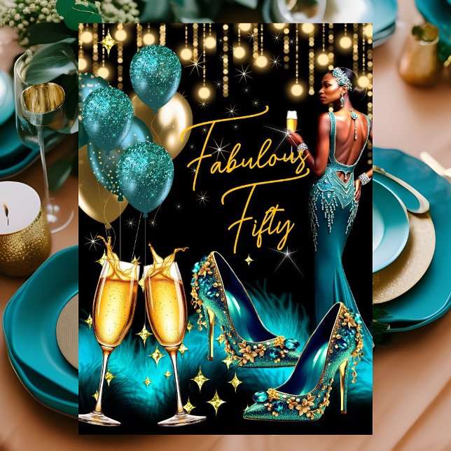 Fabulous Birthday Teal Blue Champagne Dress Ethnic Invitation (Creator Uploaded)
