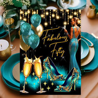 Fabulous Birthday Teal Blue Champagne Dress Invitation