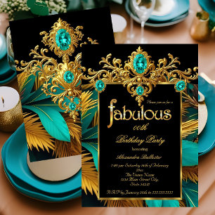 Fabulous Birthday Teal Blue Gold Gems Feathers Invitation
