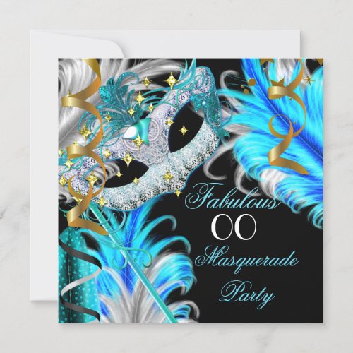 Fabulous Birthday Teal Blue Gold Masquerade Party Invitation
