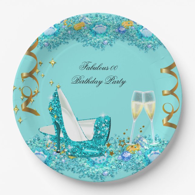 Fabulous Birthday Teal Blue Heels Champagne PL Paper Plates (Front)