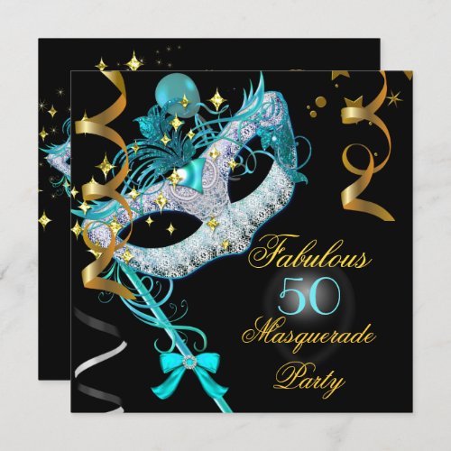 Fabulous Birthday Teal Gold Black Masquerade Party Invitation