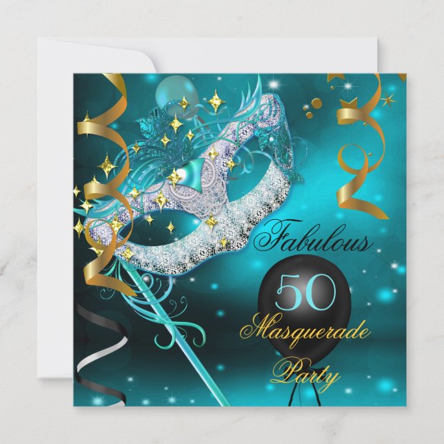 Fabulous Birthday Teal Gold Masquerade Party Invitation (Front)