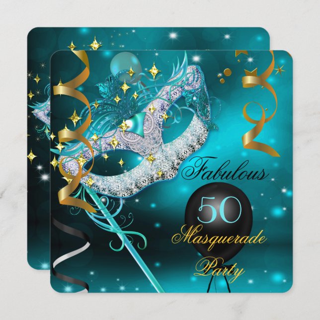 Fabulous Birthday Teal Gold Masquerade Party Invitation (Front/Back)