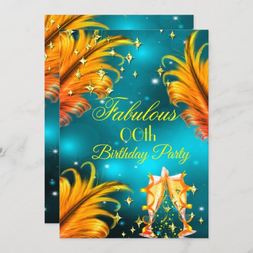 Fabulous Birthday teal Gold Yellow Champagne Party Invitation
