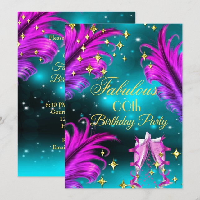 Fabulous Birthday teal Purple pink Champagne Party Invitation (Front/Back)