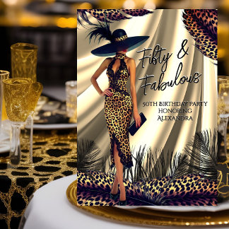 Fabulous Birthday Woman Black Gold Leopard feather Invitation