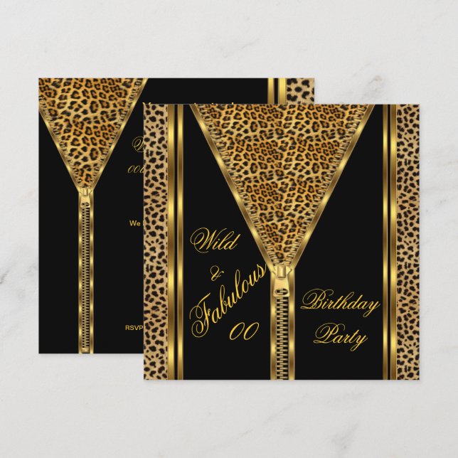 Fabulous Birthday Zipper Gold Wild Leopard Invitation (Front/Back)