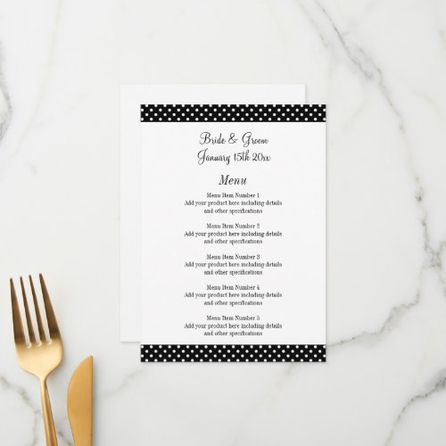 Fabulous black and white polka dots wedding menu