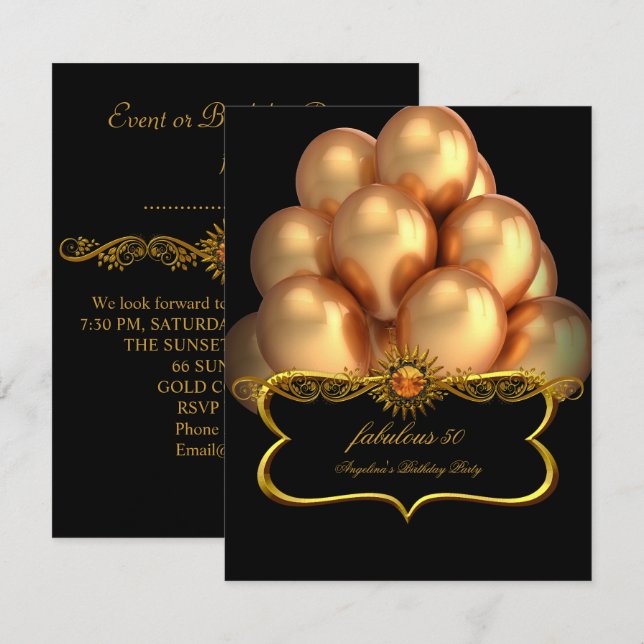 Fabulous Black Gold Balloons Birthday Party Invitation (Front/Back)