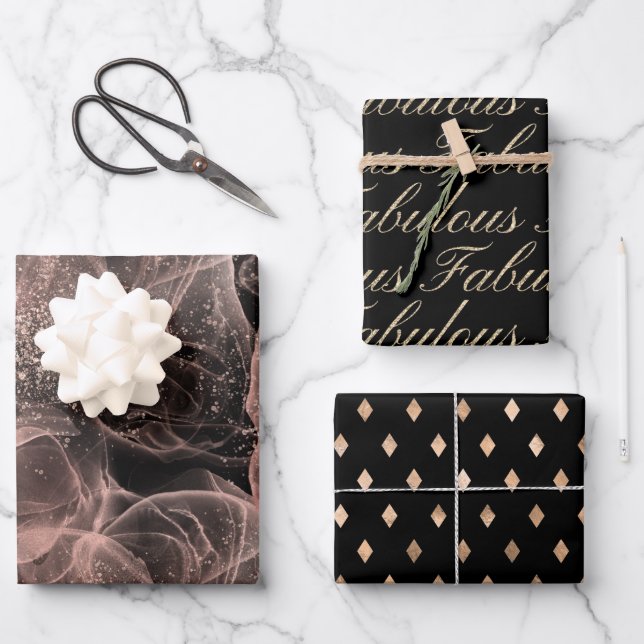 Fabulous Black Gold Dusty Rose Abstract Pattern Wrapping Paper Sheets (Front)