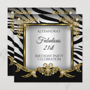 Fabulous Black White Zebra Gold 21st Birthday Invitation