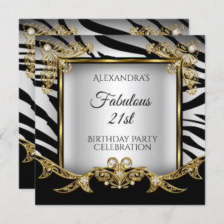 Fabulous Black White Zebra Gold 21st Birthday Invitation