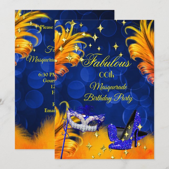Fabulous Blue Yellow Masquerade Birthday Party Invitation (Front/Back)