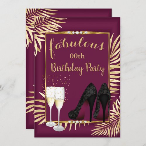 Fabulous Burgundy Gold Palms zebra Champagne Party Invitation