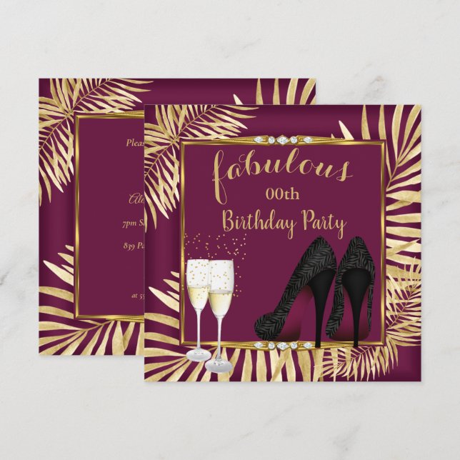 Fabulous Burgundy Gold Palms zebra Champagne Party Invitation (Front/Back)