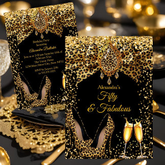 Fabulous Champagne birthday Leopard Gold Heel Gems Invitation