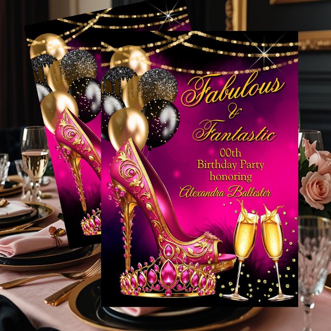 Fabulous Champagne birthday Pink Tiara Gold Heel Invitation (Creator Uploaded)