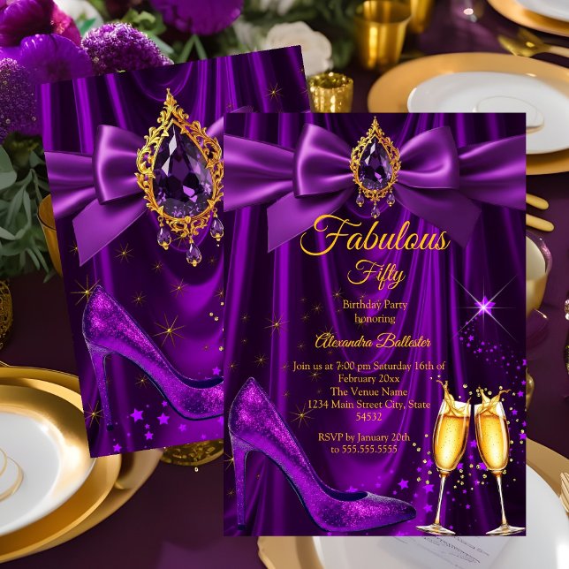 Fabulous Champagne birthday Purple Gold Heel Gem Invitation (Creator Uploaded)