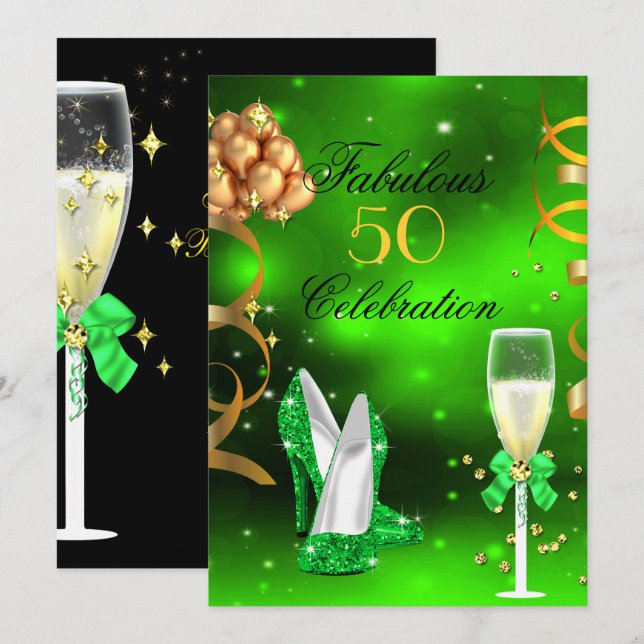 Fabulous Champagne Party Glitter Lime Green Heels Invitation (Front/Back)