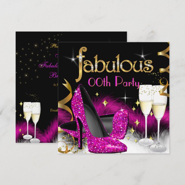 Fabulous Champagne Party Glitter Pink High Heel Invitation (Front/Back)