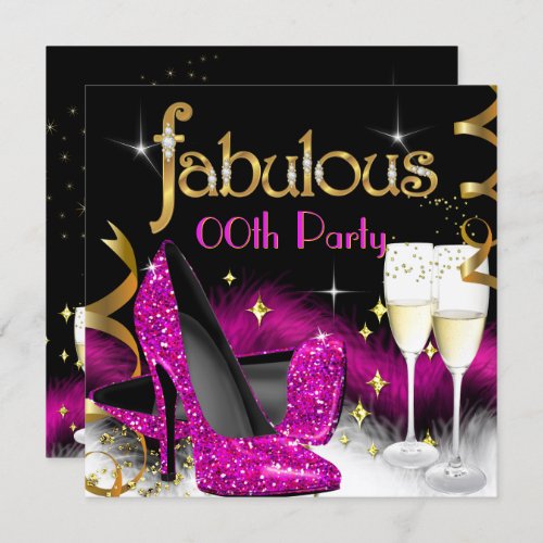 Fabulous Champagne Party Glitter Pink High Heel Invitation