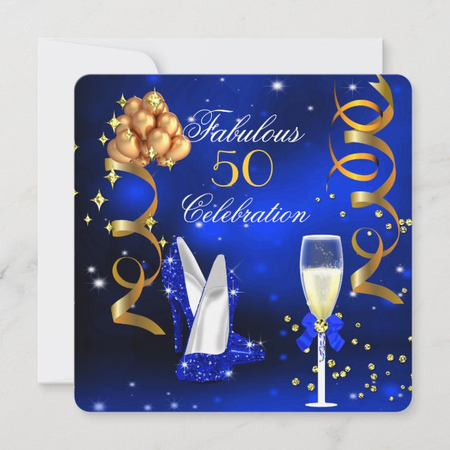 Fabulous Champagne Party Royal Blue Heels Gold Invitation (Front)